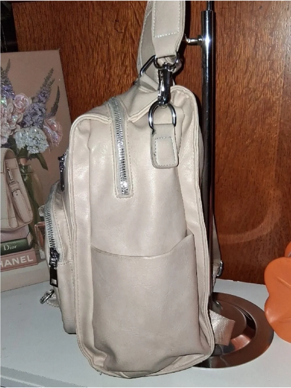 Women’s Leather Backpack Handbag in Light Beige